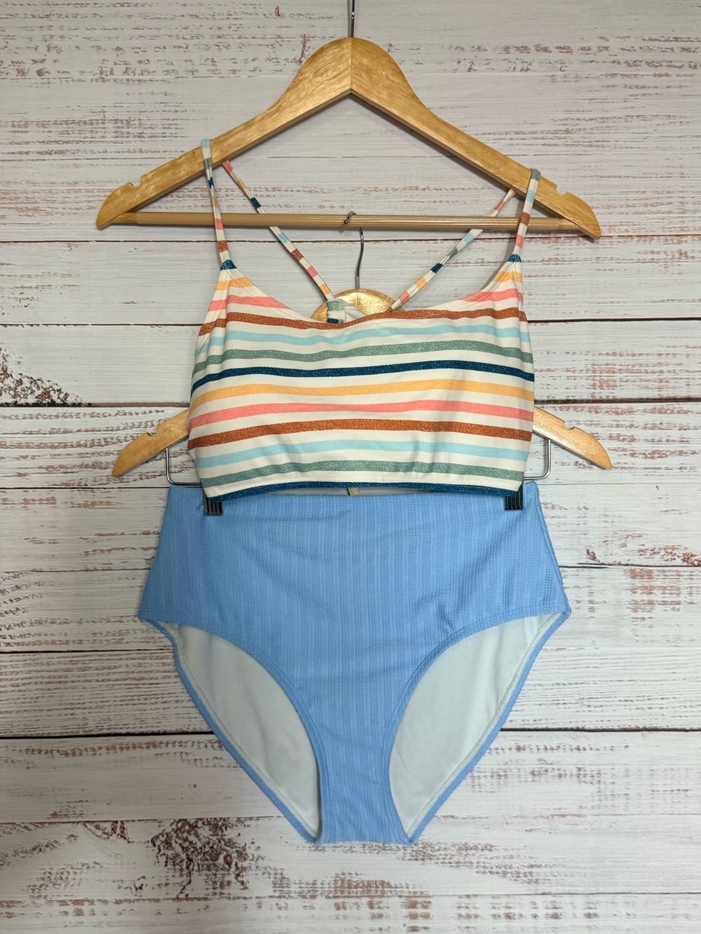 Tru Craft Striped Multicolor Bikini Top XXL with Light Blue Bottom M